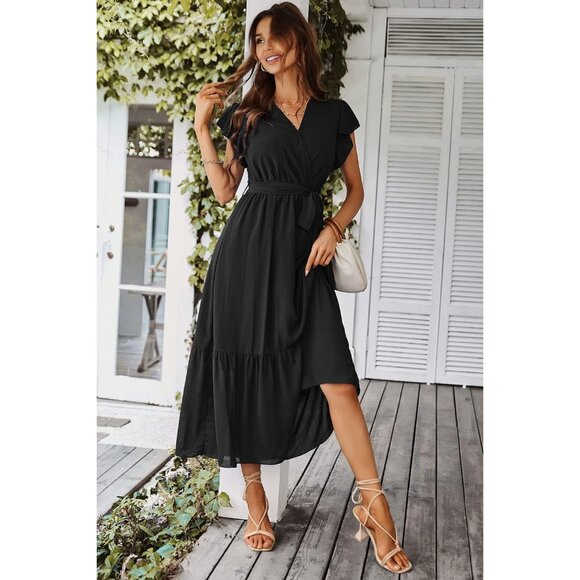 Women's Summer Boho Floral Maxi Dress V Neck Short Sleeve Ruffle Flowy - Picture 6 of 7